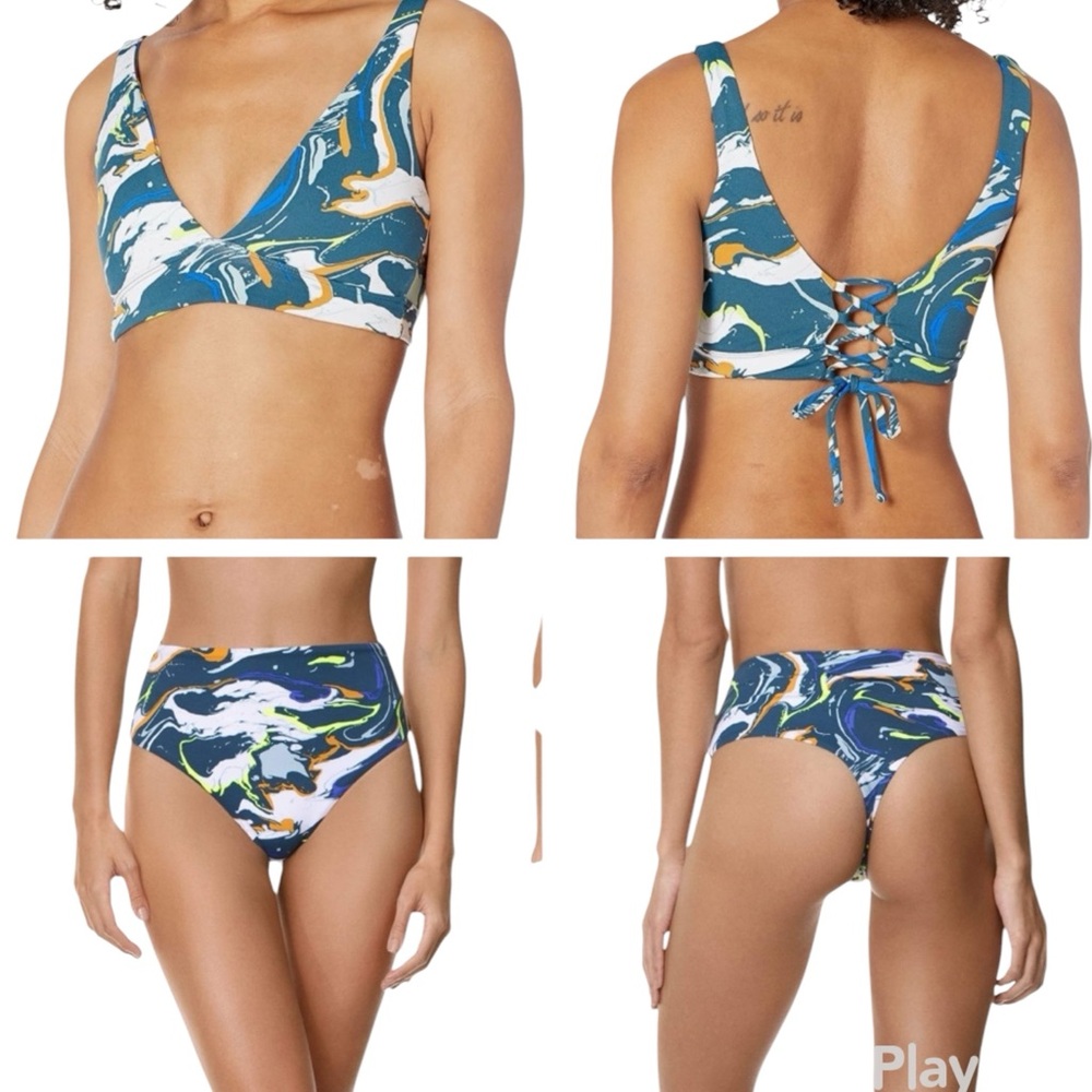 Maaji Marble Blue Malia High Rise Bikini Set Chi Chi Cut NWT
